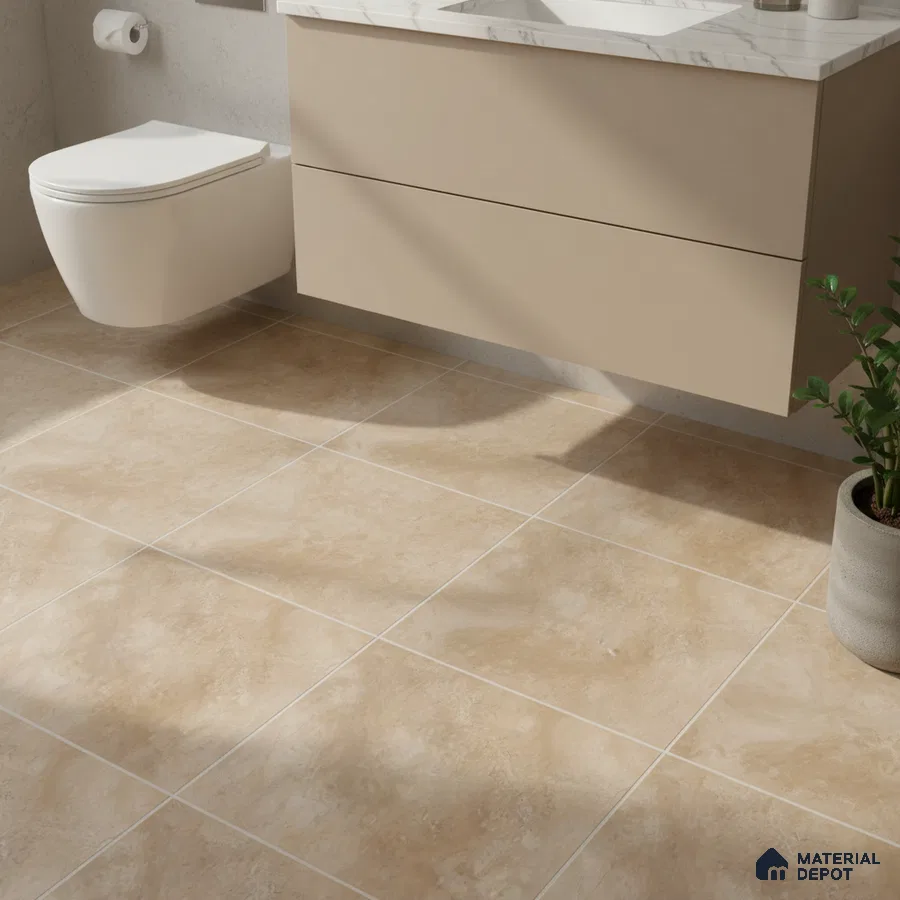 Modern bathroom with beige marble-look floor tiles and matte beige vanity