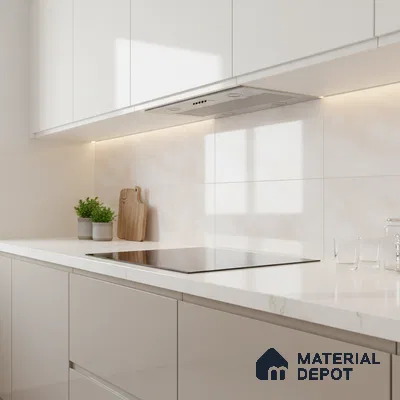 Minimalist kitchen with frosty white laminate cabinets and white marble-look quartz countertop
