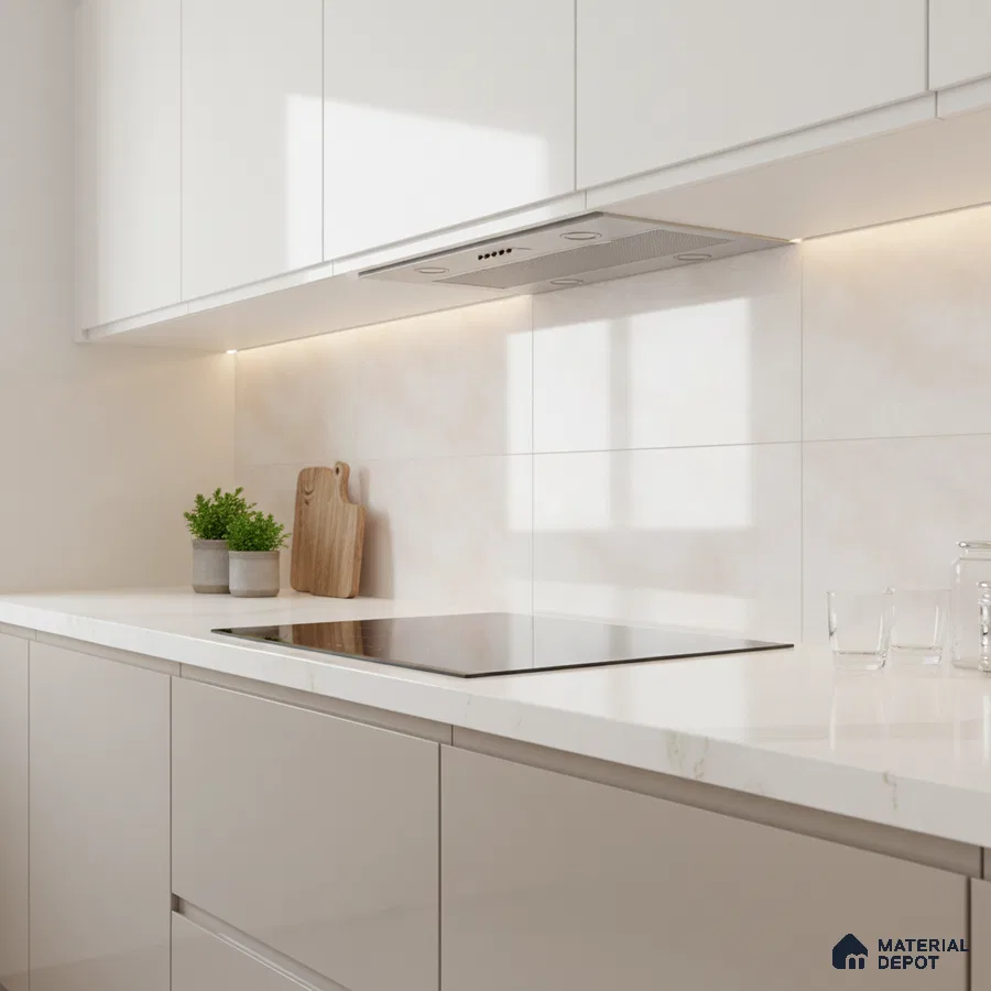 Minimalist kitchen with frosty white laminate cabinets and white marble-look quartz countertop