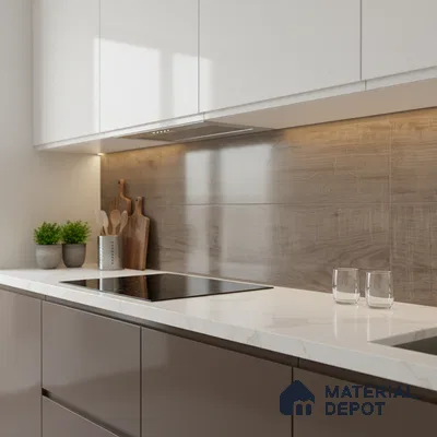 Modern kitchen with glossy taupe laminate cabinets, white marble-look quartz countertop, and wood-look tile backsplash