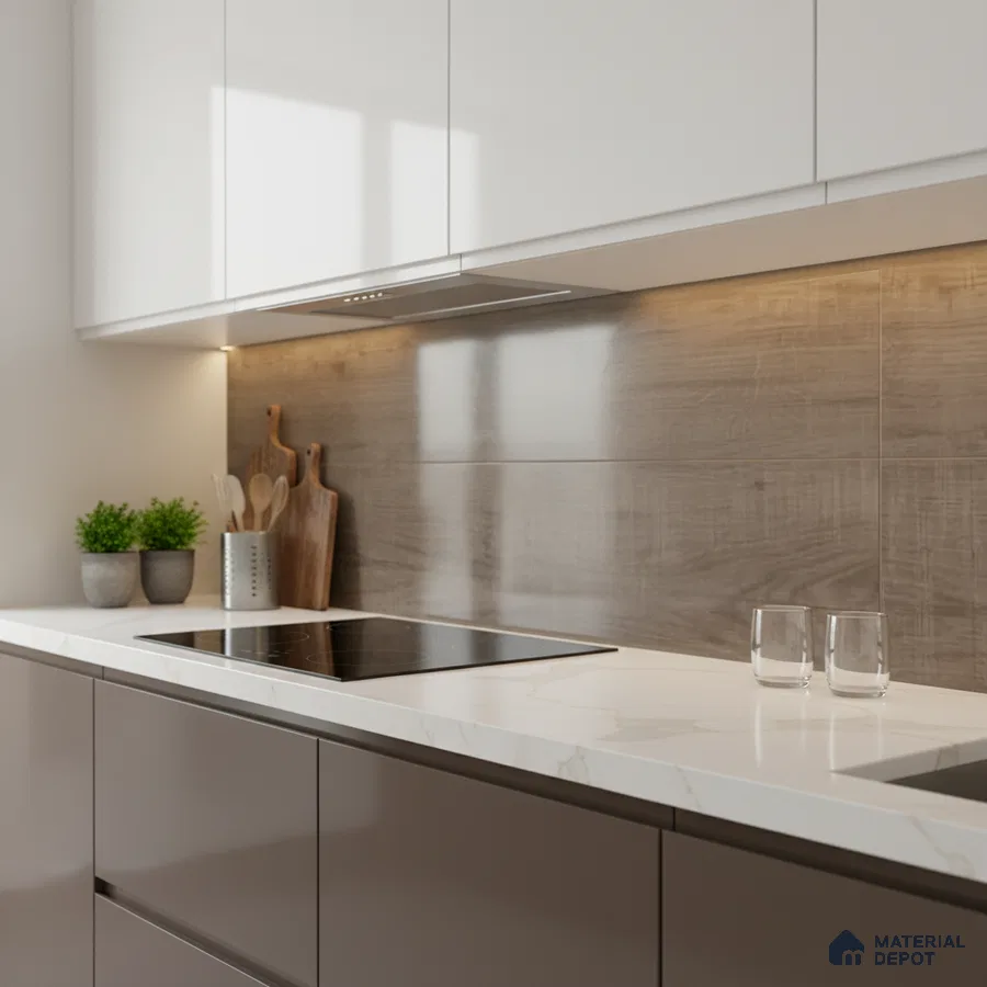 Modern kitchen with glossy taupe laminate cabinets, white marble-look quartz countertop, and wood-look tile backsplash