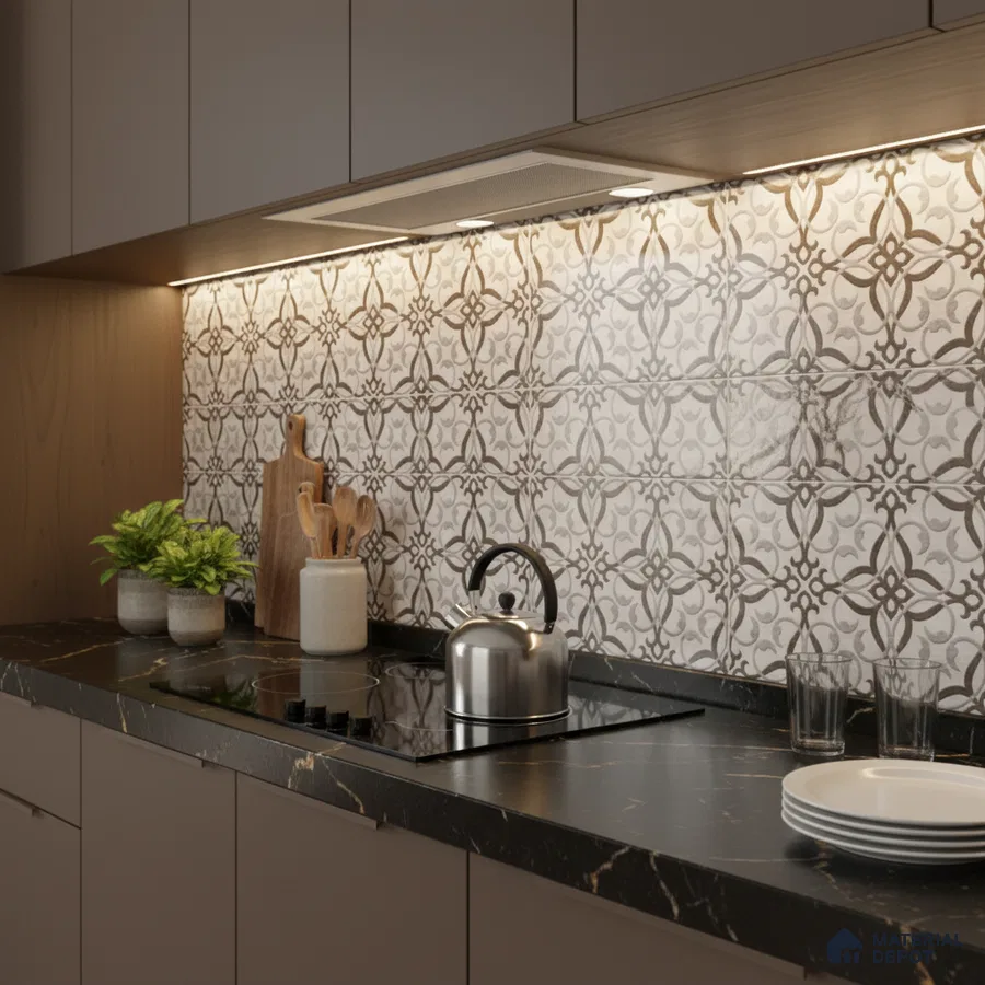Modern kitchen with taupe laminate cabinets, black marble countertop, and patterned moroccan backsplash tiles