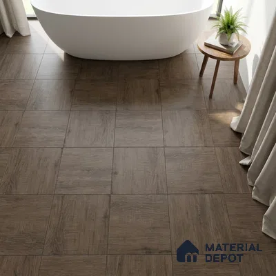 Minimalist bathroom with wood-look brown floor tiles and freestanding tub