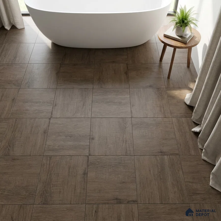 Minimalist bathroom with wood-look brown floor tiles and freestanding tub