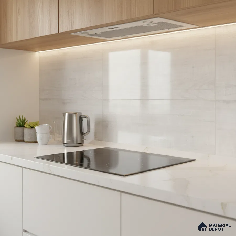 Scandinavian kitchen with light oak laminate cabinets, white marble-look quartz countertop, and matte white backsplash tiles