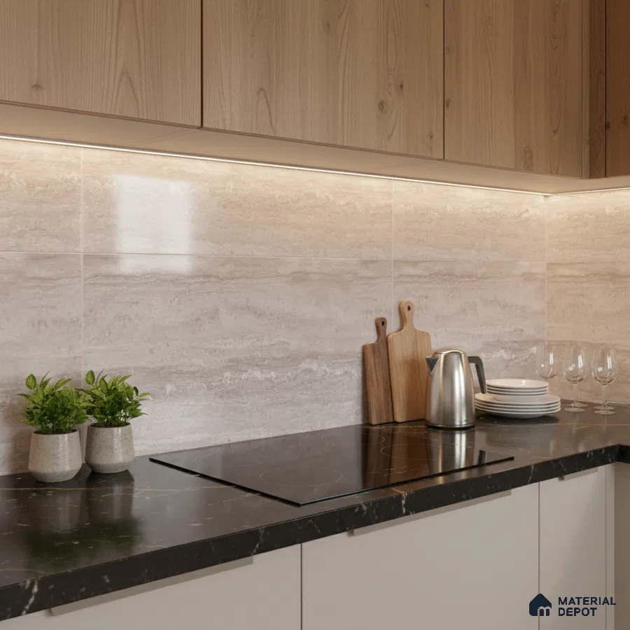Modern kitchen with light oak laminate cabinets, beige marble-look backsplash tile, and black marble countertop