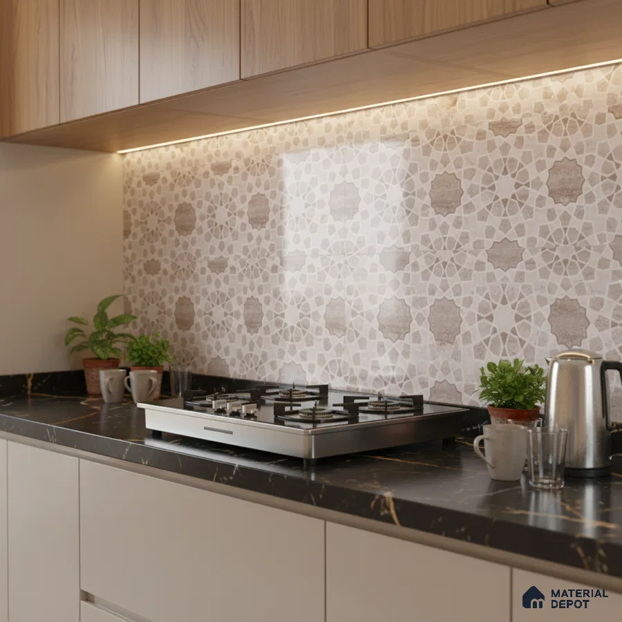 Modern kitchen with beige patterned moroccan backsplash tile and black marble countertop