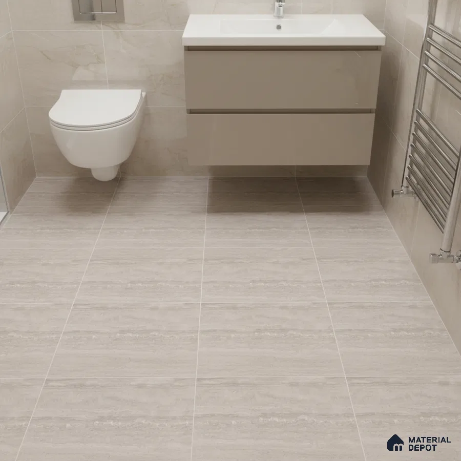 Modern bathroom with beige marble-look wall tiles and taupe stone-look floor tiles