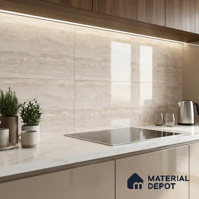 Modern kitchen with beige marble-look backsplash tile, white marble countertop, and walnut wood laminate cabinets