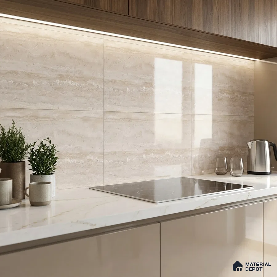 Modern kitchen with beige marble-look backsplash tile, white marble countertop, and walnut wood laminate cabinets