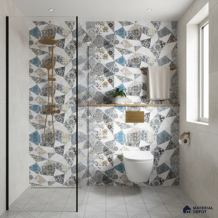 Modern bathroom with geometric patterned highlighter wall tiles and light grey floor tiles