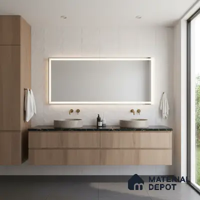 Scandinavian bathroom with light oak laminate vanity, 3D white wall tiles, and black quartz countertop