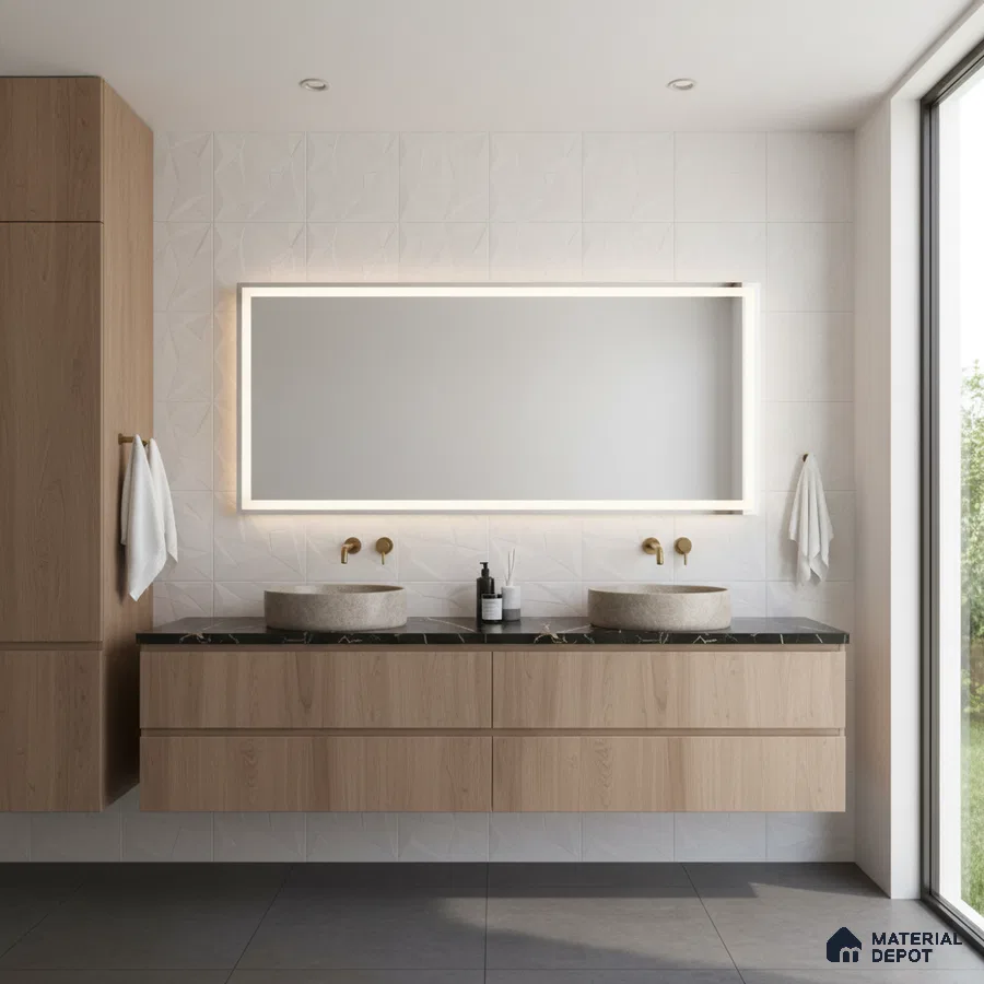 Scandinavian bathroom with light oak laminate vanity, 3D white wall tiles, and black quartz countertop