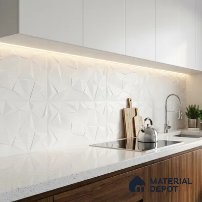 Modern kitchen with white 3D geometric backsplash tile, white quartz countertop, and walnut wood laminate cabinets