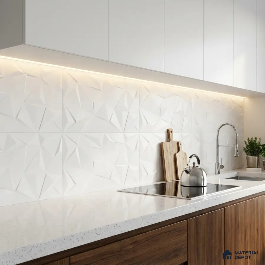Modern kitchen with white 3D geometric backsplash tile, white quartz countertop, and walnut wood laminate cabinets