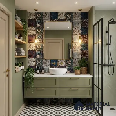 Eclectic bathroom with olive green vanity, patterned patchwork wall tiles, and geometric black-and-white floor tiles