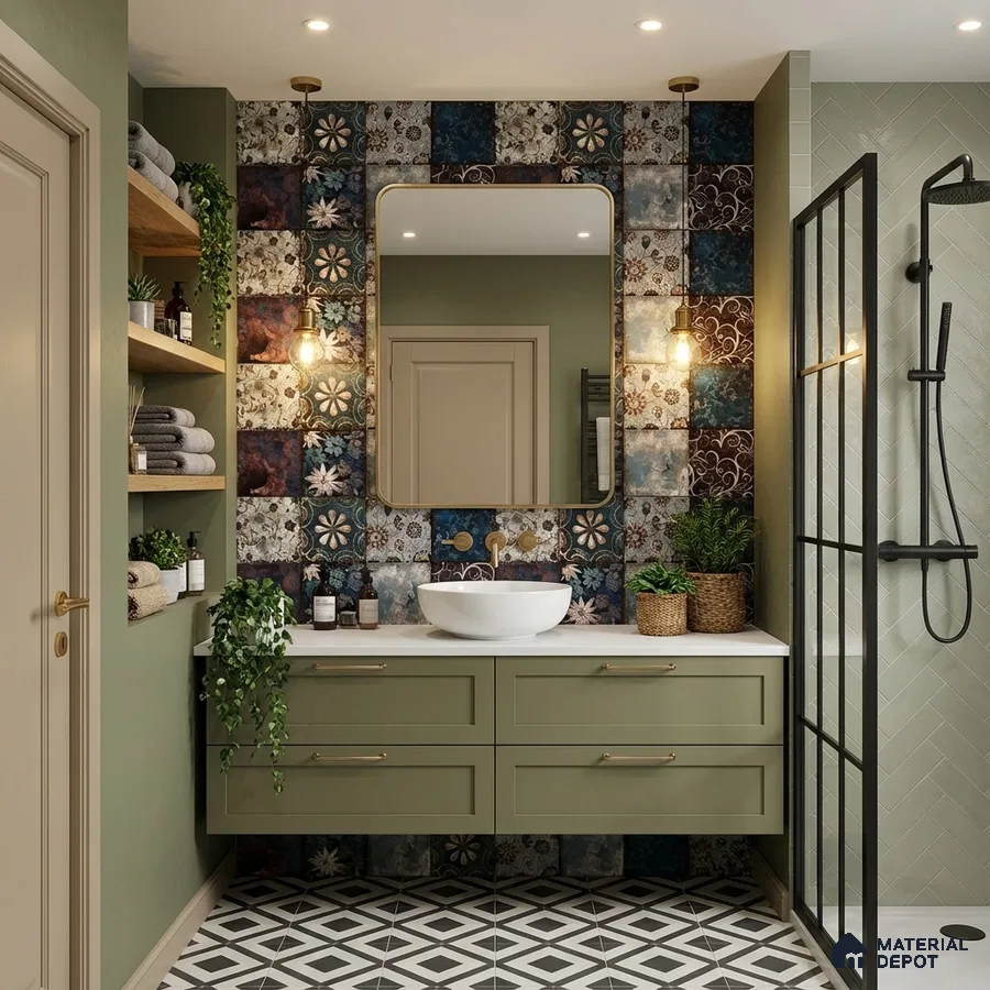 Eclectic bathroom with olive green vanity, patterned patchwork wall tiles, and geometric black-and-white floor tiles