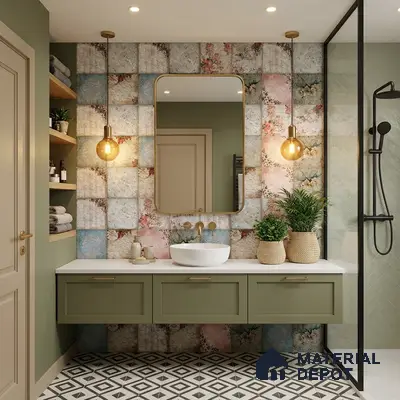 Modern bathroom with sage green vanity, floral patterned wall tiles, and geometric black-and-white floor tiles