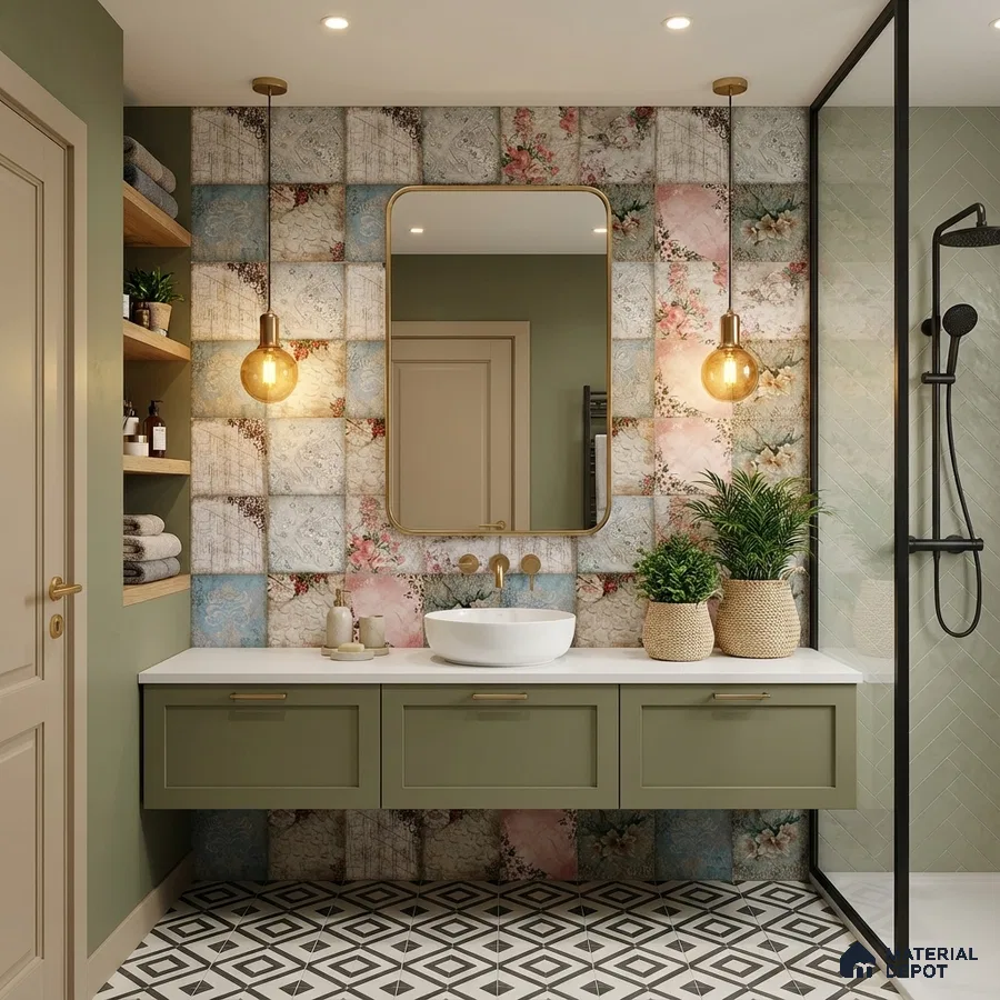 Modern bathroom with sage green vanity, floral patterned wall tiles, and geometric black-and-white floor tiles