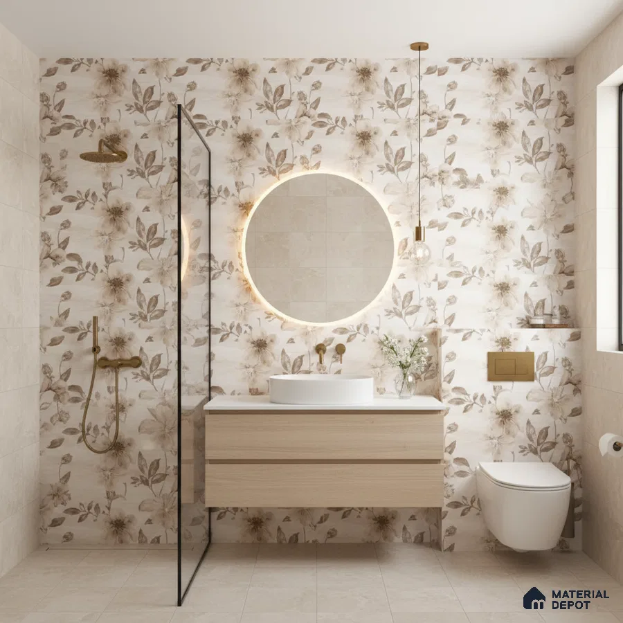 Modern bathroom with beige floral wall tiles, light wood vanity, and matte beige floor tiles