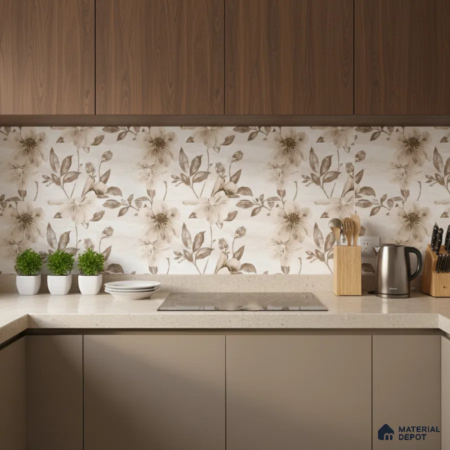 Modern kitchen with walnut laminate cabinets, beige solid color laminate, and floral patterned backsplash tiles