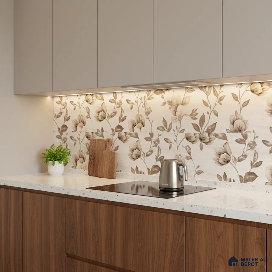 Modern kitchen with floral highlighter backsplash tile, white quartz countertop, and walnut wood laminate base cabinets