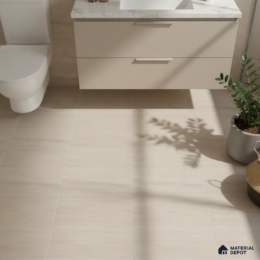 Minimalist bathroom with beige floor tiles, marble-look countertop, and matte beige vanity