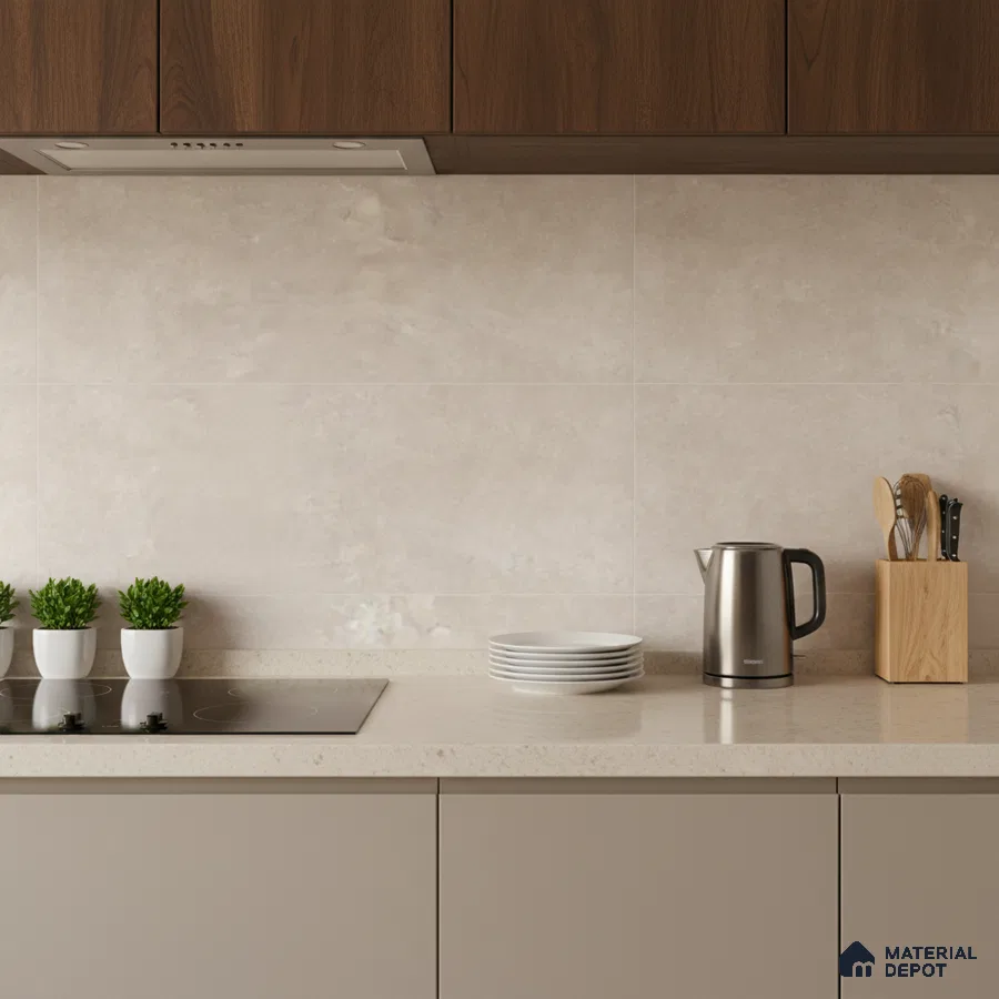 Modern kitchen with walnut laminate cabinets, beige quartz countertop, and cream stone-look backsplash tile