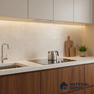 Modern kitchen with walnut wood laminate base cabinets, frosty white upper cabinets, and beige stone backsplash