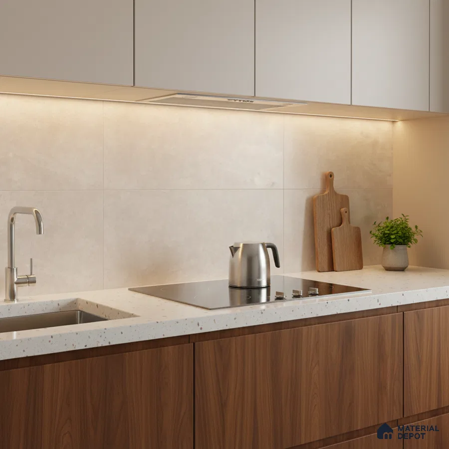 Modern kitchen with walnut wood laminate base cabinets, frosty white upper cabinets, and beige stone backsplash