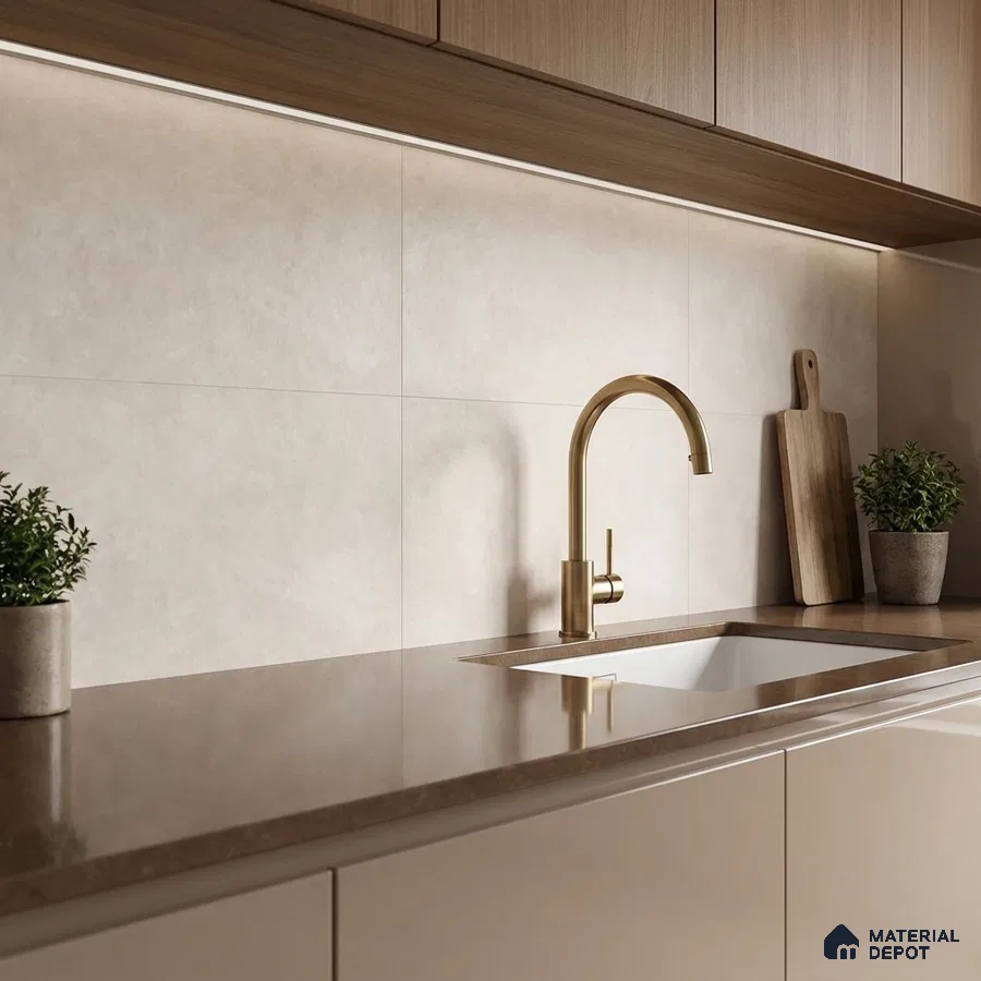 Modern kitchen with taupe quartz countertop, beige wall tiles, and light oak laminate cabinets