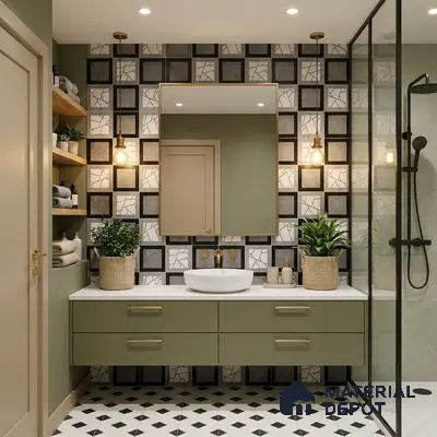 Modern bathroom with olive green laminate vanity, geometric mosaic wall tiles, and black-and-white patterned floor tiles