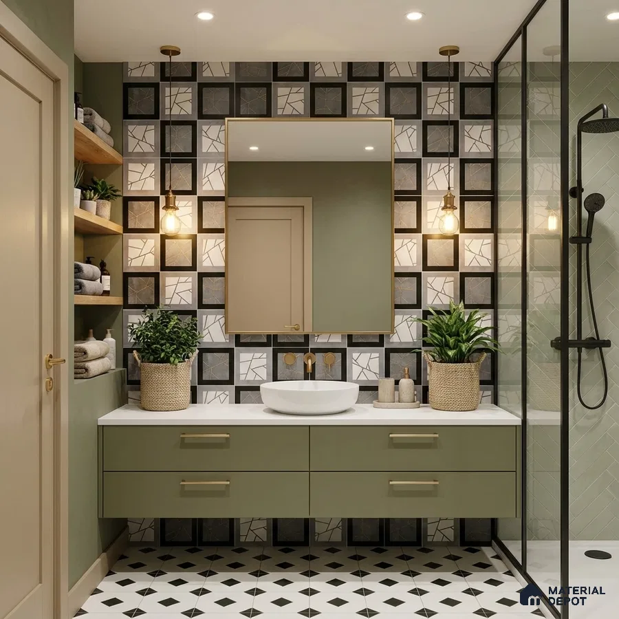 Modern bathroom with olive green laminate vanity, geometric mosaic wall tiles, and black-and-white patterned floor tiles