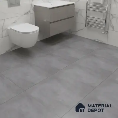 Modern bathroom with grey cement floor tiles and white marble wall tiles