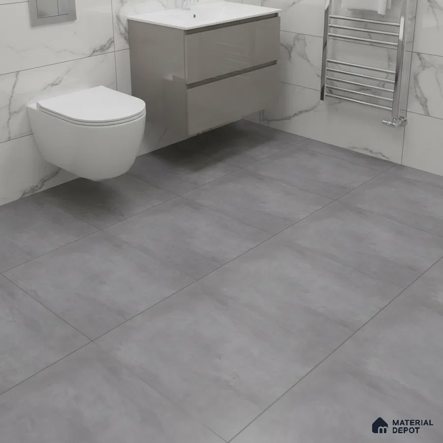 Modern bathroom with grey cement floor tiles and white marble wall tiles