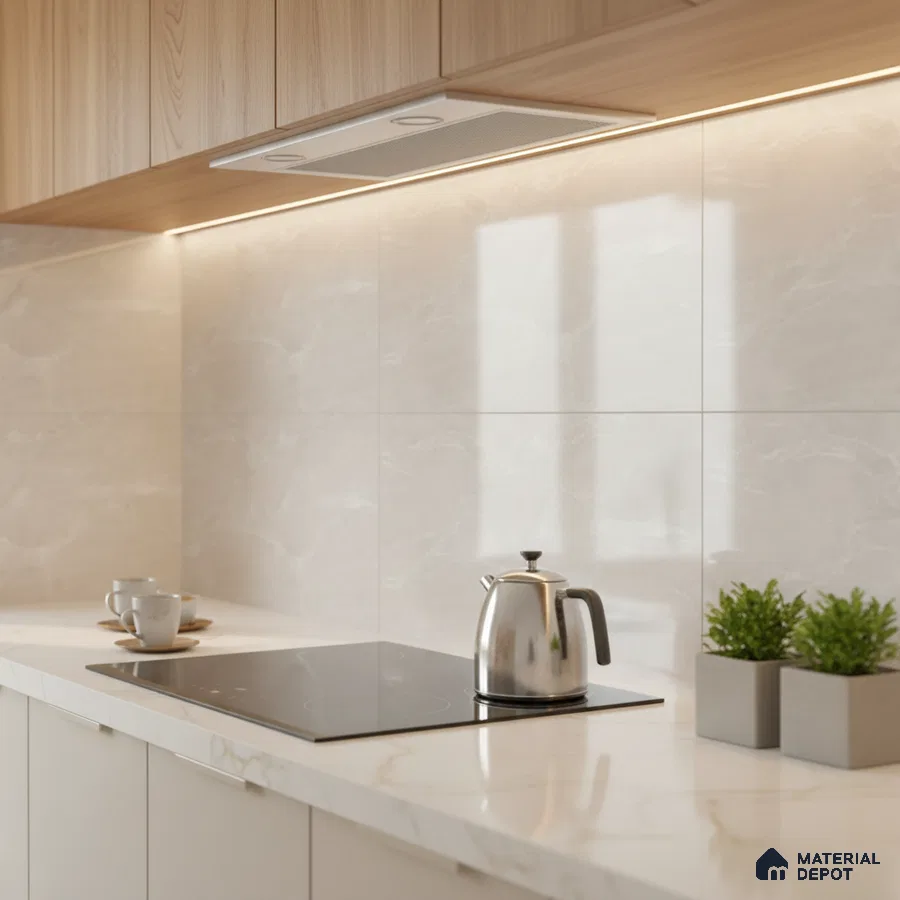 Modern kitchen with light oak laminate cabinets and white marble-look backsplash tile