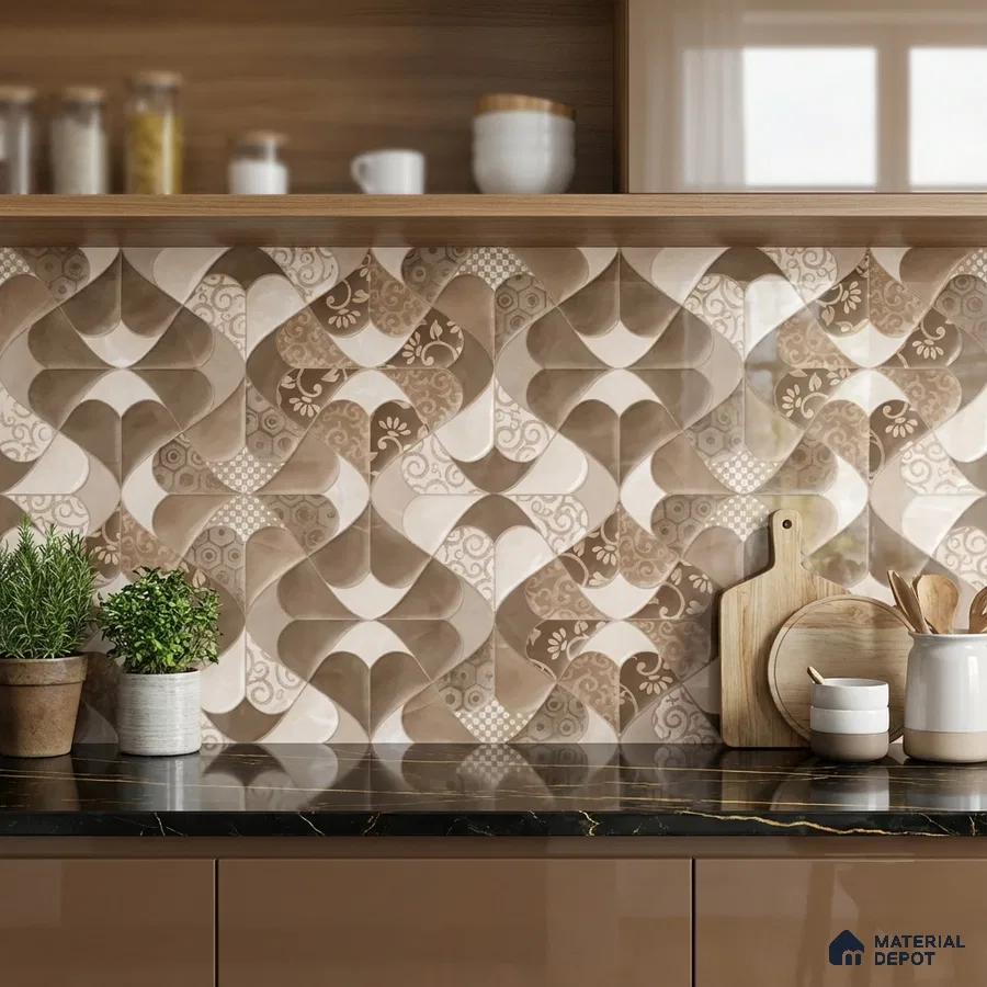 Modern kitchen with beige patterned geometric backsplash tile and black marble countertop