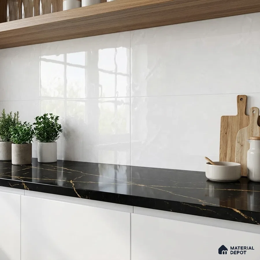 Modern kitchen with black marble-look quartz countertop, glossy white wall tiles, and white laminate cabinets