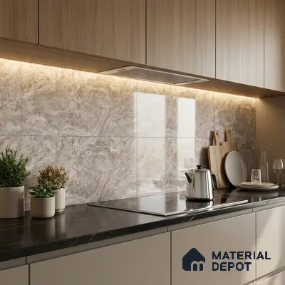 Modern kitchen with light oak laminate cabinets, marble-look backsplash tiles, and black marble countertop