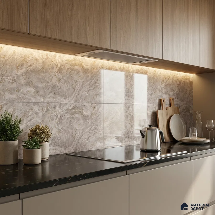 Modern kitchen with light oak laminate cabinets, marble-look backsplash tiles, and black marble countertop