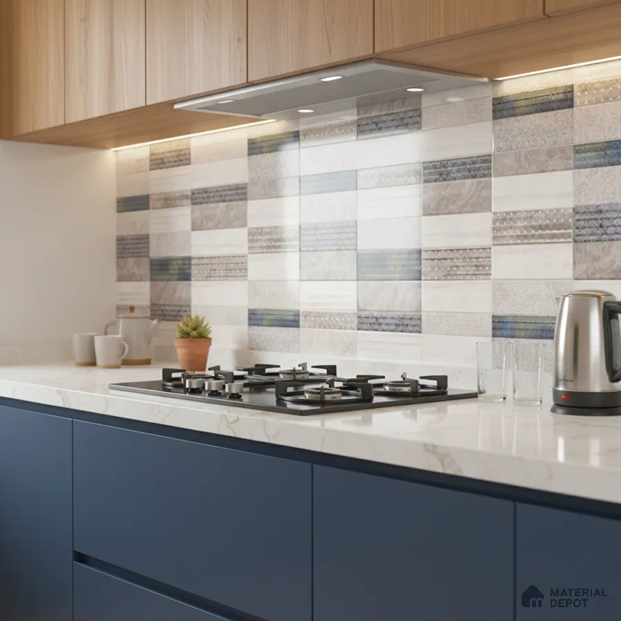 Modern kitchen with navy blue laminate, wood grain upper cabinets, and patterned backsplash tiles