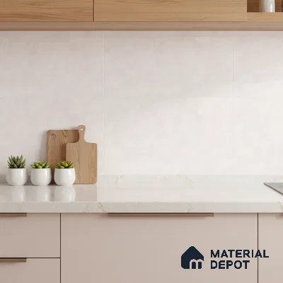 Scandinavian kitchen with blush pink laminate cabinets, white marble-look quartz countertop, and light wood overhead cabinets