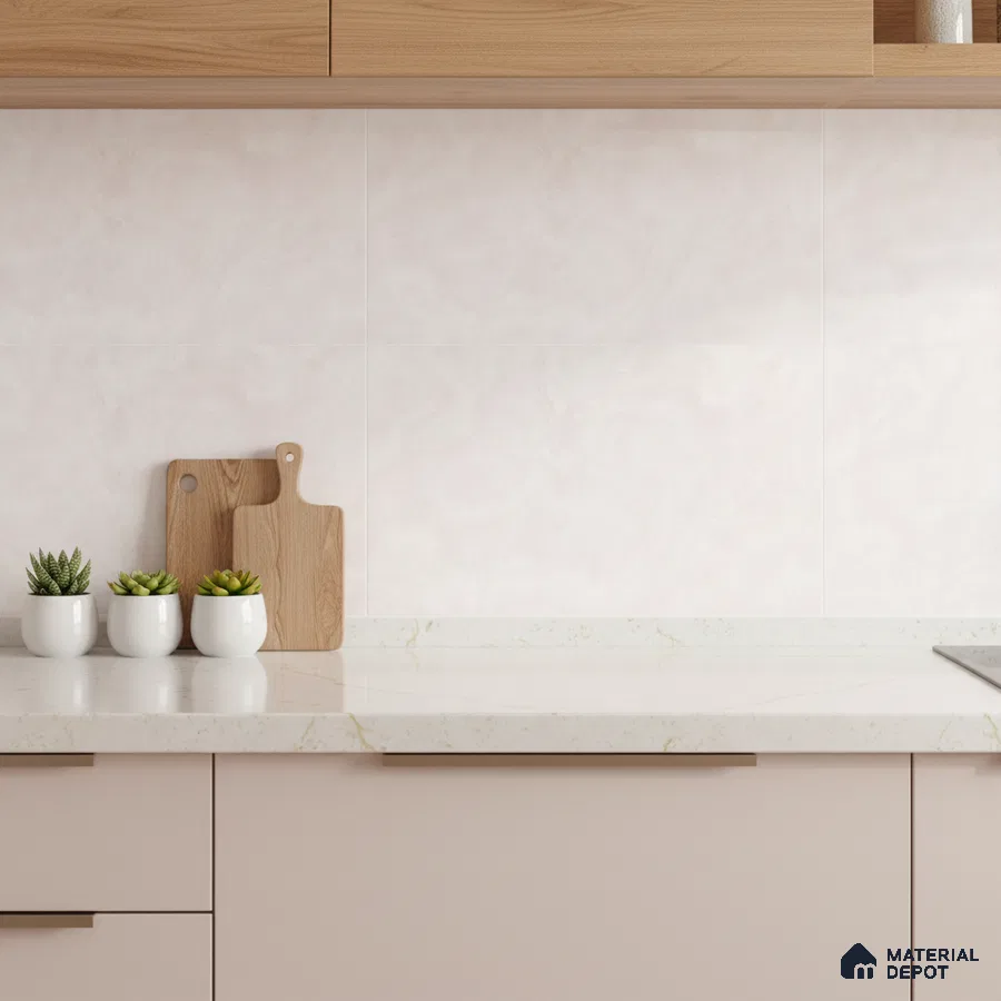 Scandinavian kitchen with blush pink laminate cabinets, white marble-look quartz countertop, and light wood overhead cabinets