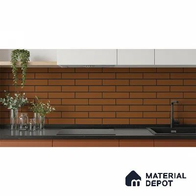 Modern kitchen with terracotta subway backsplash tile, matte black countertop, and white laminate cabinets