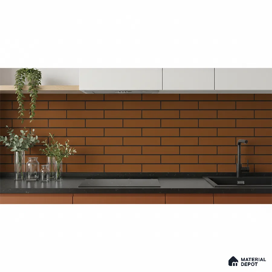 Modern kitchen with terracotta subway backsplash tile, matte black countertop, and white laminate cabinets