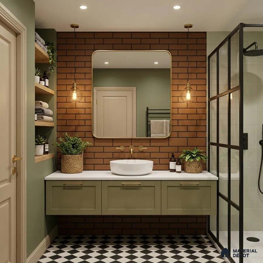 Modern bathroom with olive green vanity, brick look wall tiles, and black-and-white checkerboard floor tiles
