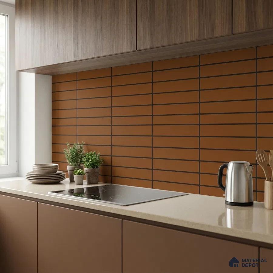 Modern kitchen with walnut wood laminate, terracotta subway backsplash tile, and beige quartz countertop