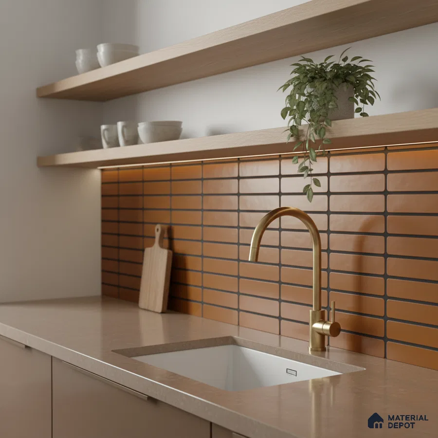 Minimalist kitchen with terracotta kitkat backsplash tile and beige quartz countertop