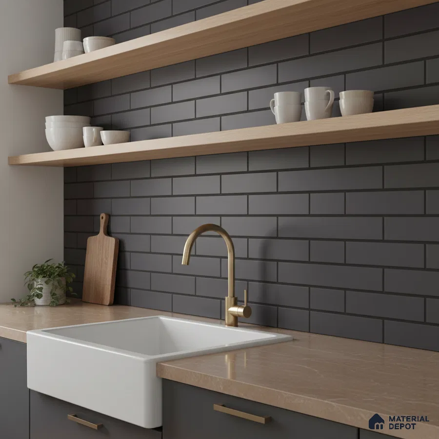 Modern kitchen with matte black subway tile backsplash, beige marble countertop, and light oak open shelves