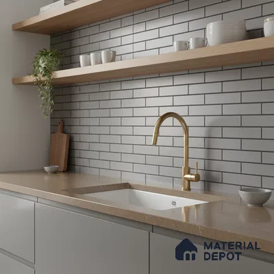 Minimalist kitchen with light grey subway tile backsplash, beige quartz countertop, and matte grey cabinets